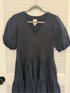 cinq a sept Black V-Neck Puff-Sleeve Tiered Tunic Dress